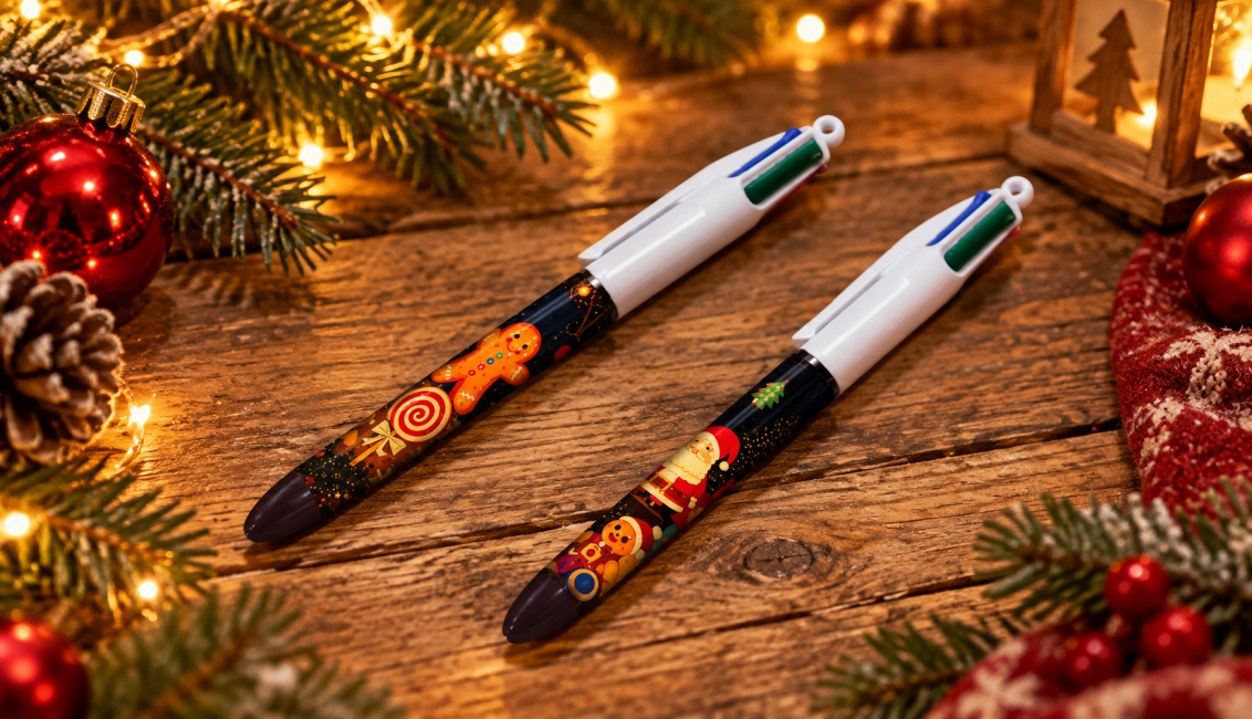 Stylos multicolores dans une ambiance de Noël chaleureuse