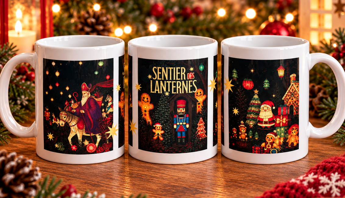 Le mug avec les affiches du sentier des lanternes